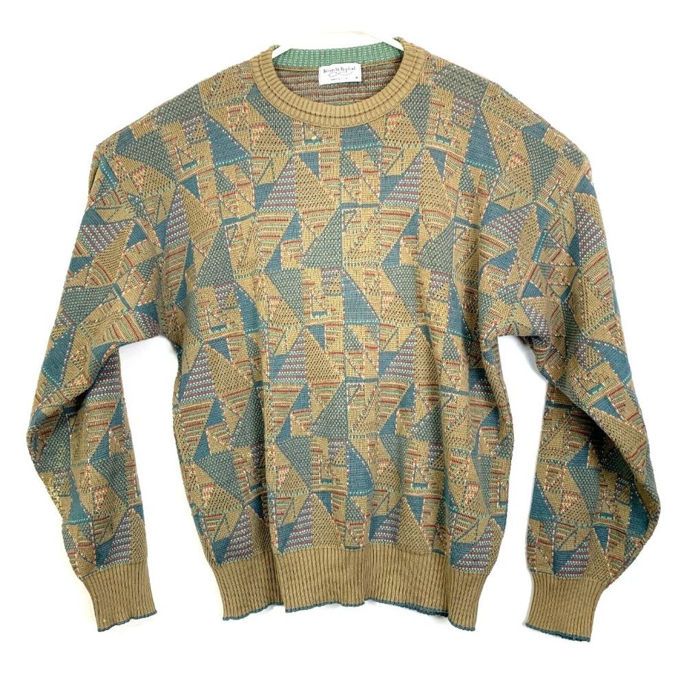 Geometric Pattern Crewneck Sweater in Tan and Teal